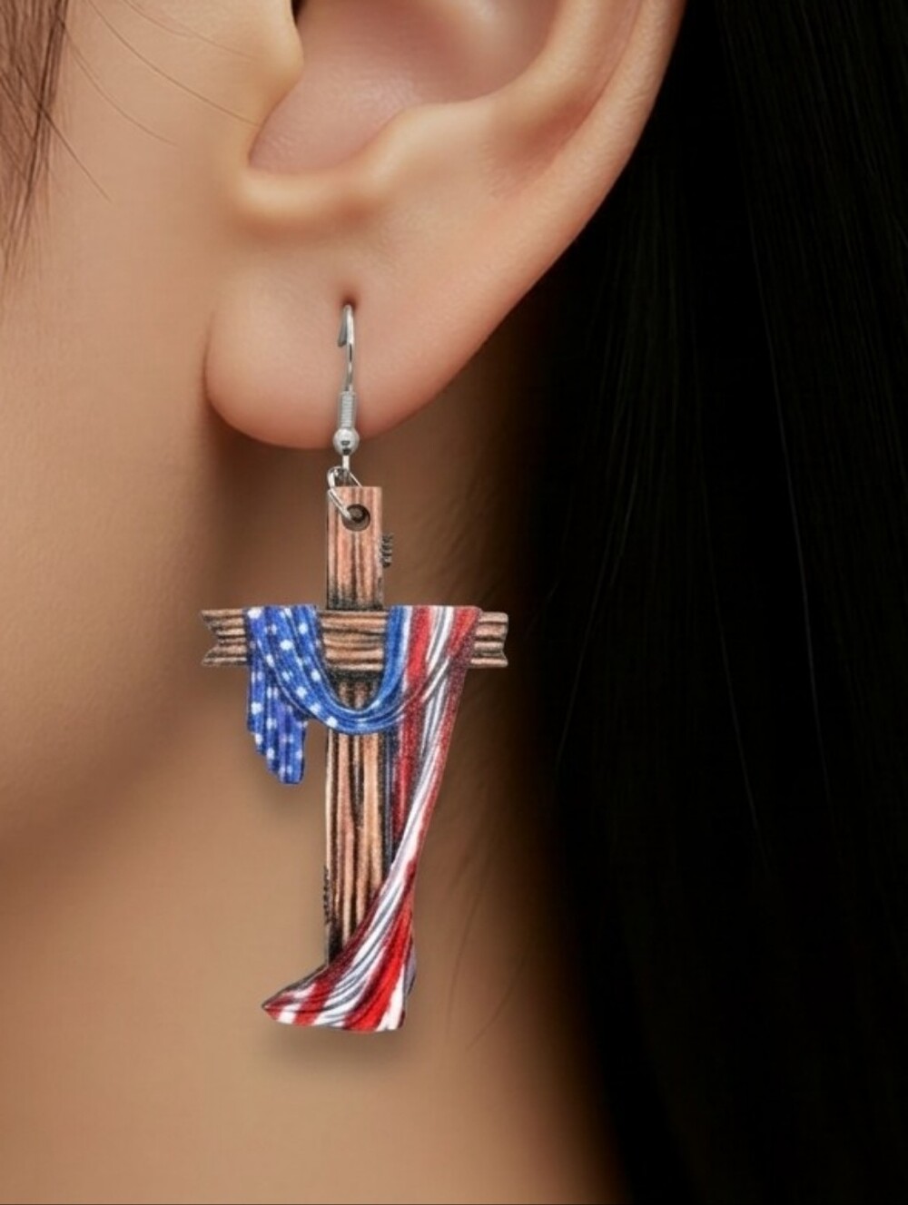 American Flag Cross Earrings Patriotic Wooden Dangle Christian USA Jewelry NWT